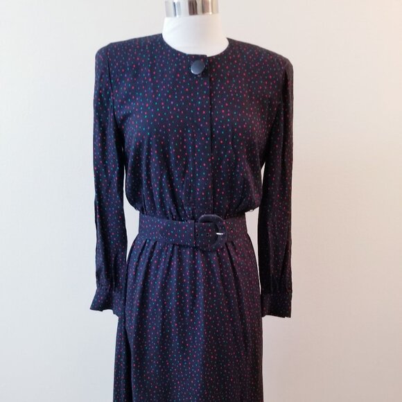 80s Vintage Leslie Fay Black Shirt Dress - Size 8P - Picture 1 of 8
